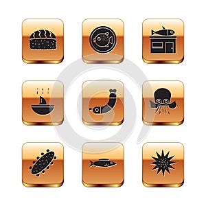 Set Sushi, Sea cucumber, Fish, Shrimp, Shark fin soup, Seafood store, urchin and Puffer fish on plate icon. Vector