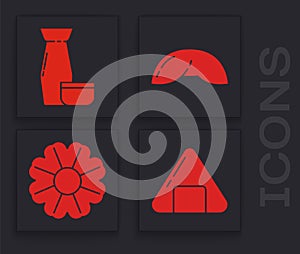 Set Sushi, Traditional Japanese tea ceremony, Chinese fortune cookie and Flower icon. Vector