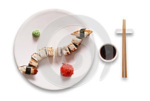 Set of sushi unagi and rolls at white.