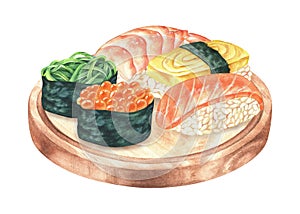 Set of sushi. Watercolor illustration. Susi with salmon, egg, shrimp and gunkans with caviar, chuka seaweed. A plate of