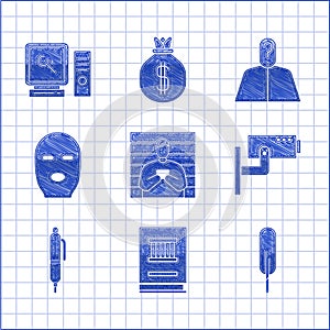 Set Suspect criminal, Law book, Feather pen, Security camera, Pen, Thief mask, Anonymous with question mark and Search