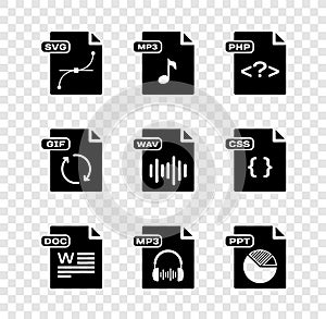 Set SVG file document, MP3, PHP, DOC, PPT, GIF and WAV icon. Vector
