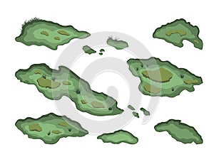 Set of swamps in isometric style. Isolated image of forest marsh. 3d landscape with cartoon fens