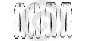 Set of Sweatpants technical fashion illustration with elastic cuffs, normal waist, high rise, full length, drawstrings