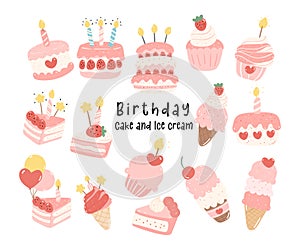 set of Sweet Birthday Cake, Cupcake and ice cream Illustrations Cartoon Dessert flat Vector Art