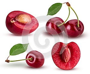 Set sweet cherry berry. one cut in half with bone, two a branch with leaf, and single