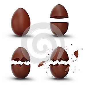 Set sweet chocolate easter eggs. Chocolate eggs cracked, broken into many pieces isolated on a white background
