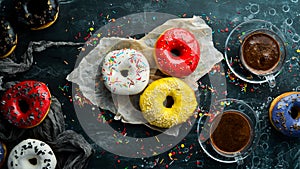 Set of sweet colored donuts with a cup of coffee on a black stone table.