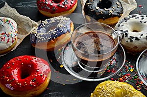 Set of sweet colored donuts with a cup of coffee on a black stone table.