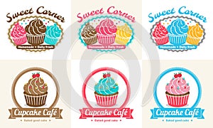 Set of sweet cupcake bakery badge label and logo design
