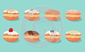 Set of sweet donuts doughnuts with different fillings, toppings and flavors. Vector illustration.