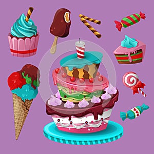 Set of sweet food icons vector illustration. Cake, wafer, muffins, ice cream, candy, lollipop.