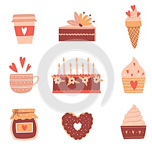 Set with sweet food, pastries, cake, donut, ice cream. Desserts, preserves with a heart. Cute cartoon flat style. Color