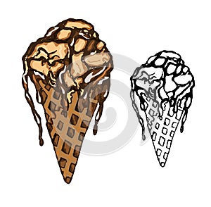 Set of sweet ice cream in a cone. dessert menu, hand-drawn sketch, doodling. vector fashion illustration of ice cream with
