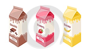 Set of Sweet milk of different tastes in carton boxes. Chocolate, strawberry and banana milk isolated