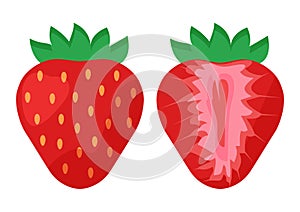 Set of sweet strawberry, whole and half. Vector