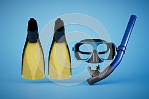 Set of swim fins, mask and snorkel for diving isolated on blue background. 3d render