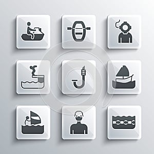 Set Swimmer, Swimming pool, Yacht sailboat, Snorkel, Windsurfing, diving into, Jet ski and Aqualung icon. Vector