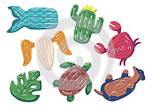 Set Swimming Mattresses or Rings Icons. Rubber Floating Lifesaver in Form of Donut, Eggplant, Watermelon, Pizza, Leaf