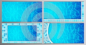 Set of Swimming pool bottom caustics ripple and flow with waves backgrounds. Texture of water surface. Overhead view