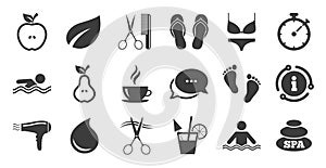 Set of Swimming pool, Spa and Hairdressing icons. Vector