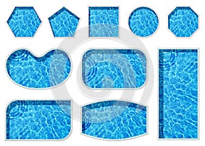 Set with swimming pools of different shapes on white background, top view