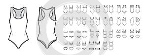 Set of swimsuit lingerie technical fashion illustration with one piece or separate bras and panties. Flat brassiere