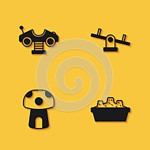 Set Swing car, Sandbox with sand, Mushroom house and Seesaw icon with long shadow. Vector