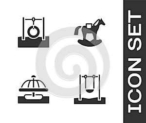 Set Swing, Car tire hanging on rope, Attraction carousel and Horse saddle swing icon. Vector