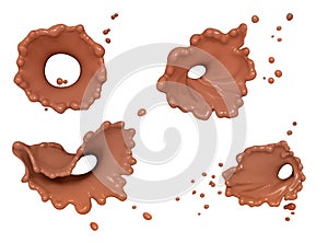 Set of swirl chocolate or coffee waves or flow splashes, pouring twisted hot melted milk chocolate sauce or syrup, cocoa drink or
