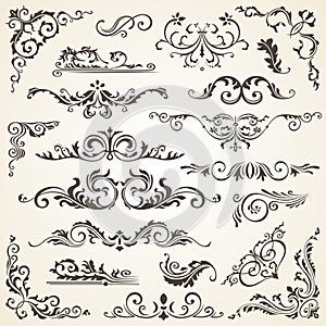 Set of Swirl Elements for design. Calligraphic page decoration, Labels, banners, antique and baroque Frames floral