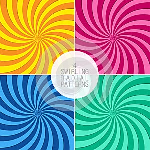 Set of swirling radial patterns. Background with swirl rays. Vortex beams. Vector.