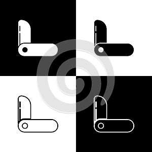 Set Swiss army knife icon isolated on black and white background. Multi-tool, multipurpose penknife. Multifunctional