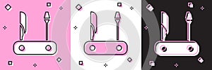 Set Swiss army knife icon isolated on pink and white, black background. Multi-tool, multipurpose penknife