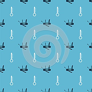 Set Swiss army knife and Meteorology thermometer on seamless pattern