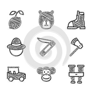 Set Swiss army knife, Monkey, Binoculars, Wooden axe, Safari car, Camping hat, Hunter boots and Lemon icon. Vector