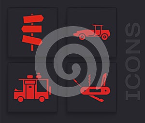 Set Swiss army knife, Road traffic signpost, Car and Rv Camping trailer icon. Vector
