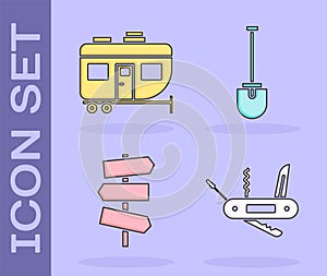 Set Swiss army knife, Rv Camping trailer, Road traffic signpost and Shovel icon. Vector