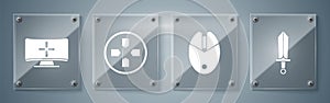 Set Sword for game, Computer mouse gaming, Gamepad and Computer monitor. Square glass panels. Vector