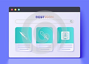 Set Sword for game, Fountain pen nib and Insects frame icon. Vector