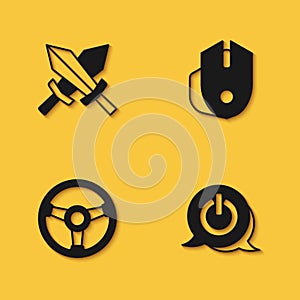 Set Sword for game, Power button, Racing simulator and Computer mouse icon with long shadow. Vector