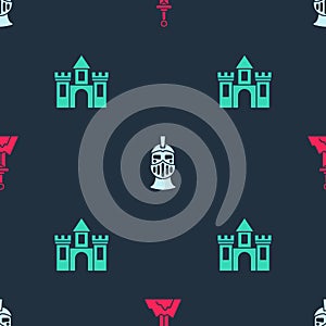 Set Sword in the stone, Medieval iron helmet and Castle, fortress on seamless pattern. Vector
