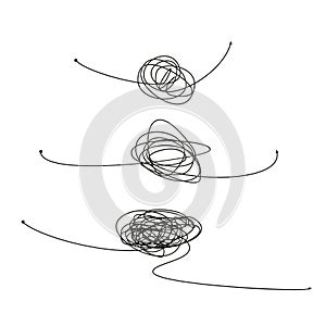 Set of symbol of complicated way with scribbled round element, chaos sign, pass the way linear arrow with clew or tangle