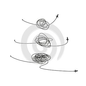 Set of symbol of complicated way with scribbled round element, chaos sign, pass the way linear arrow with clew or tangle