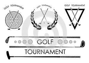 Set of symbol, emblem of golf clubs for competition. Golfer sports equipment. Active lifestyle. Vector