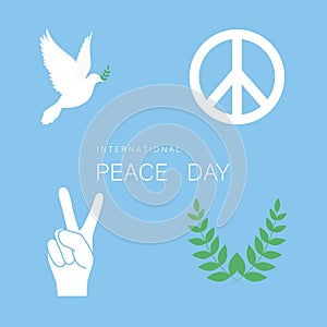 Set of symbol for International Peace Day. White dove, olive branch, hand with two finger up and peace symbol