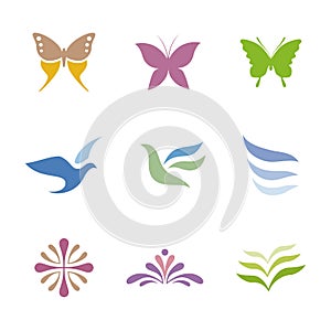 Set of symbols butterfly, bird and flower