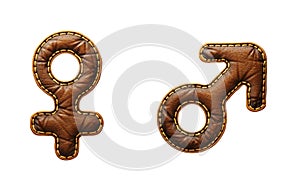 Set of symbols female and male made of leather. 3D render font with skin texture isolated on white background.