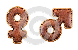 Set of symbols female and male made of leather. 3D render font with skin texture isolated on white background.