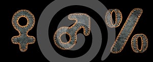 Set of symbols female, male, percent made of leather. 3D render font with skin texture isolated on black background.